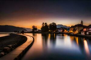 un' bellissimo tramonto al di sopra di un' lago con case e montagne. ai-generato foto