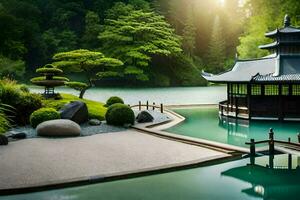 un' giapponese giardino con un' pagoda e stagno. ai-generato foto
