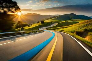 un' avvolgimento strada nel il montagne con il sole ambientazione. ai-generato foto