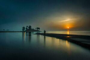 un' uomo in piedi su il riva di un' lago a tramonto. ai-generato foto
