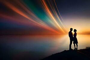 coppia in piedi su il bordo di un' scogliera guardare a il tramonto. ai-generato foto