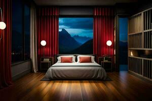 un' Camera da letto con un' Visualizza di montagne a notte. ai-generato foto