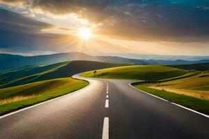 un' lungo strada con il sole ambientazione al di sopra di il colline. ai-generato foto