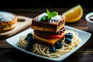 un' piatto con un' Sandwich e spaghetti su esso. ai-generato foto