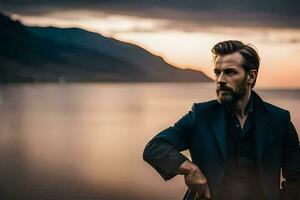 un' uomo con un' barba e completo da uomo in piedi di il acqua. ai-generato foto