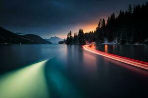 un' lungo esposizione fotografia di un' barca su un' lago a notte. ai-generato foto