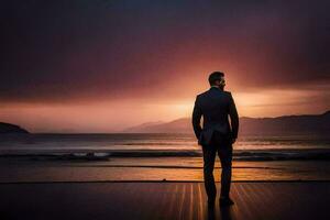 un' uomo nel un' completo da uomo sta su un' spiaggia a tramonto. ai-generato foto