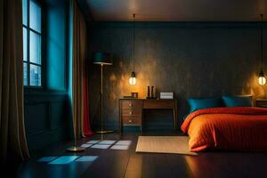un' Camera da letto con un' blu parete, arancia letto e di legno pavimento. ai-generato foto