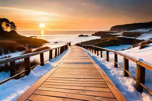 un' di legno passerella conduce per il spiaggia a tramonto. ai-generato foto