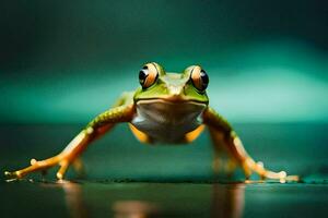 un' rana con grande occhi e un' verde sfondo. ai-generato foto