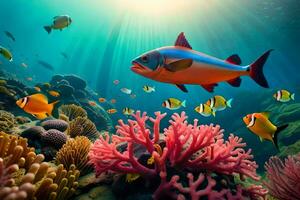 pesce nuoto nel il oceano con corallo barriere e altro pesce. ai-generato foto