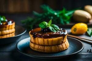 Due torte con frutta e erbe aromatiche su un' nero piatto. ai-generato foto