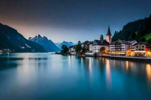 il cittadina di Hallstatt, Austria, a crepuscolo. ai-generato foto