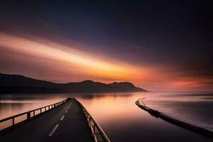 un' lungo ponte al di sopra di il oceano a tramonto. ai-generato foto