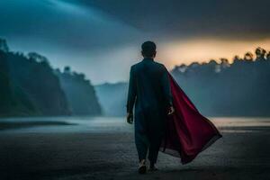 un' uomo nel un' rosso capo passeggiate lungo il spiaggia a tramonto. ai-generato foto