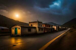 un' strada nel il montagne con un' tempestoso cielo. ai-generato foto