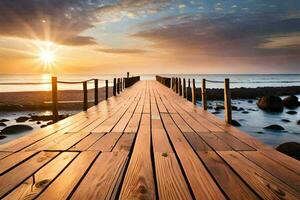 un' di legno ponte conduce per il oceano a tramonto. ai-generato foto