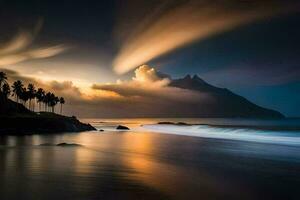 un' tramonto al di sopra di il oceano con palma alberi. ai-generato foto