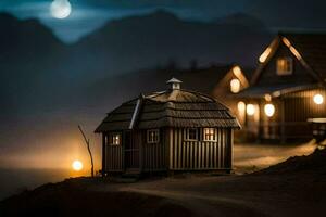 un' piccolo di legno Casa si siede nel il mezzo di un' campo a notte. ai-generato foto