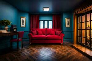 un' rosso divano si siede nel un' camera con blu muri e di legno piani. ai-generato foto