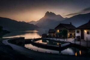 un' lago e un' Casa nel il montagne. ai-generato foto