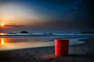 un' rosso secchio si siede su il spiaggia a tramonto. ai-generato foto