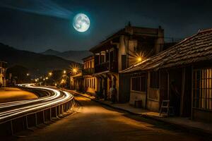 un' strada a notte con un' pieno Luna. ai-generato foto