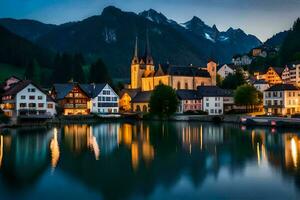 foto sfondo il cielo, montagne, acqua, cittadina, lago, montagne, Austria, lago. ai-generato