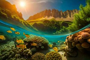 un' bellissimo subacqueo scena con corallo barriere e montagne. ai-generato foto