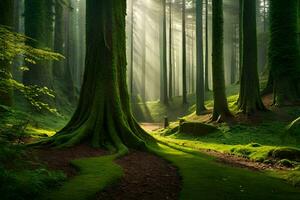 un' sentiero attraverso un' foresta con alberi e erba. ai-generato foto