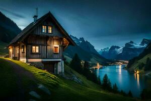 un' cabina nel il montagne a notte. ai-generato foto