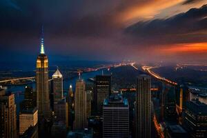 il città orizzonte a tramonto con nuvole e luci. ai-generato foto