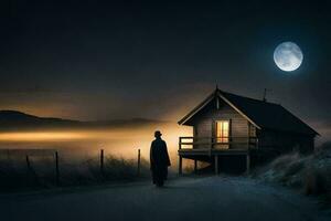 un' uomo sta nel davanti di un' cabina a notte. ai-generato foto
