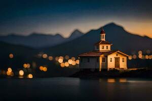 un' piccolo Chiesa è illuminato su a crepuscolo nel davanti di montagne. ai-generato foto