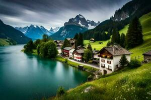 un' bellissimo lago e montagna villaggio nel il svizzero Alpi. ai-generato foto