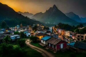 foto sfondo il cielo, montagne, villaggio, fiume, tramonto, il montagne, il villaggio,. ai-generato