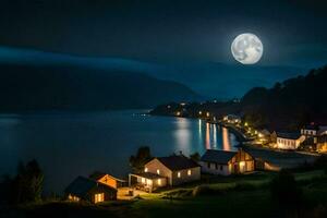 un' pieno Luna brilla al di sopra di un' piccolo villaggio su il riva di un' lago. ai-generato foto