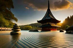 un' pagoda si siede su il riva di un' lago. ai-generato foto