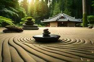 zen giardino con pietre e un' pagoda nel il sfondo. ai-generato foto