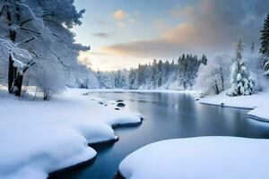 un' fiume nel il neve. ai-generato foto