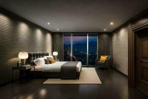 un' moderno Camera da letto con un' Visualizza di il montagne. ai-generato foto
