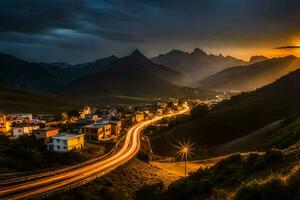 foto sfondo il cielo, strada, montagne, tramonto, il strada, il strada, il strada. ai-generato