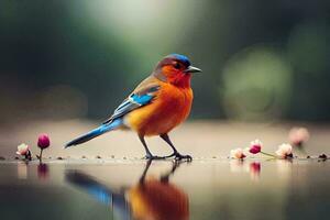 un' colorato uccello in piedi su il acqua con fiori. ai-generato foto