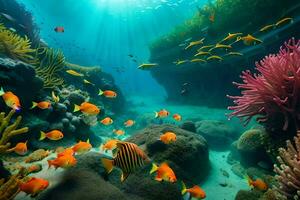 un subacqueo scena con corallo barriere e pesce. ai-generato foto