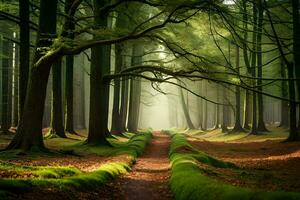 un' sentiero attraverso un' foresta con alberi e muschio. ai-generato foto