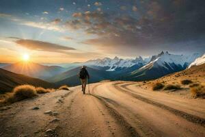 un' uomo passeggiate su un' strada nel il montagne. ai-generato foto