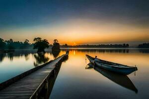 un' barca è attraccato su un' lago a tramonto. ai-generato foto