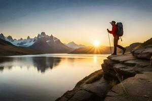 un' uomo con un' zaino e escursioni a piedi poli sta su un' roccia prospiciente un' lago a tramonto. ai-generato foto