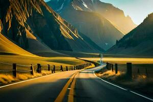 un' strada nel il montagne con montagne nel il sfondo. ai-generato foto