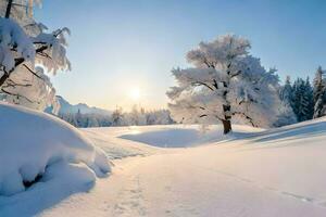 un' nevoso paesaggio con alberi e un' sole. ai-generato foto